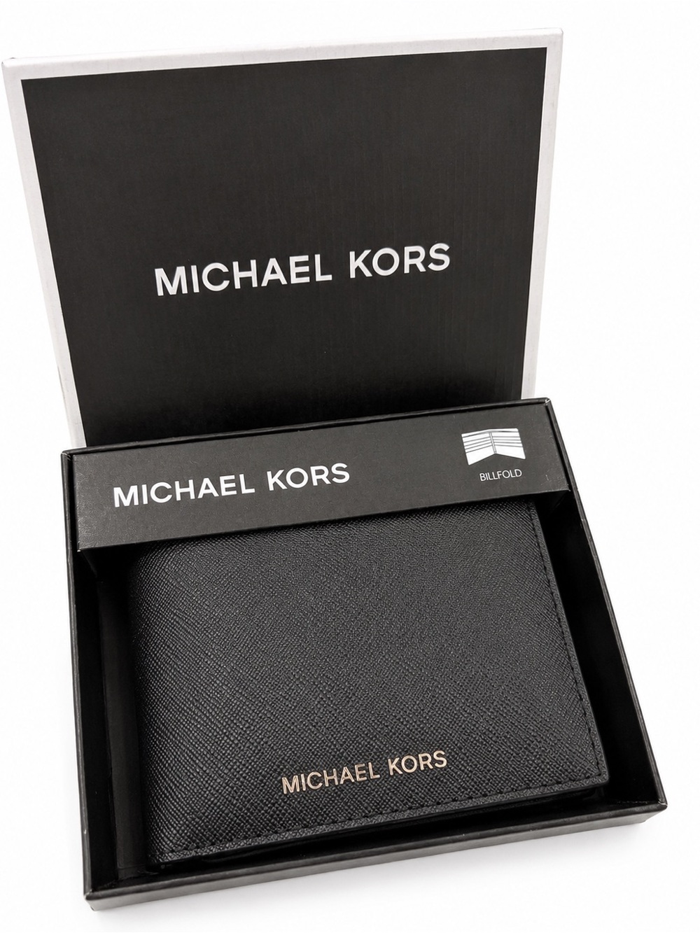 Michael Kors Black Saffiano Leather Bifold Wallet with Gold Logo